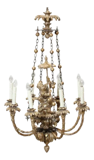 Vintage Chinoiserie Giltwood Chandeliern with Monkey