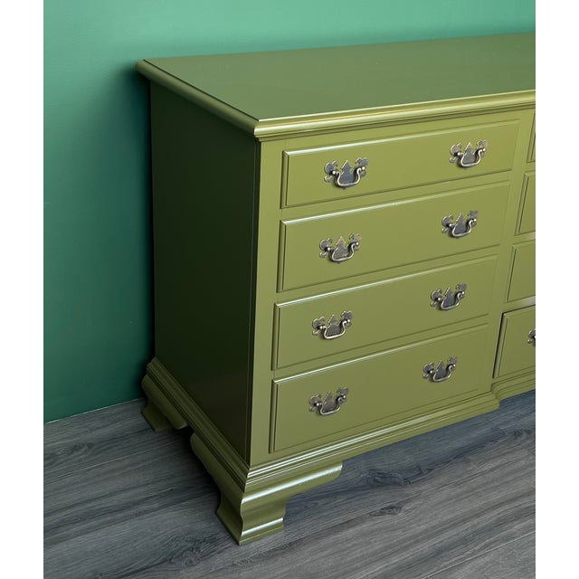 Olive 1970's Chippendale Olive Green Lacquer Dresser of Twelve Drawers For Sale - Image 8 of 14