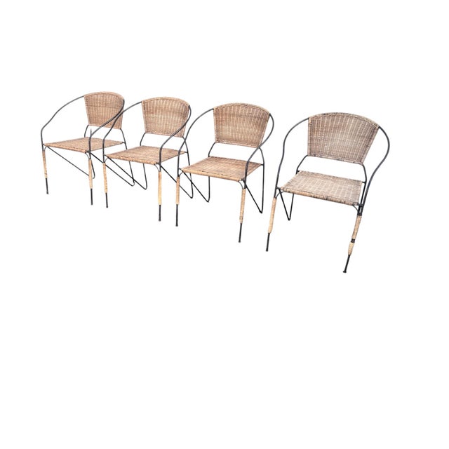 Mid Century in the style of Salterini. Rattan Chairs are stackable for easy storage if necessary . With very nice hairpin...