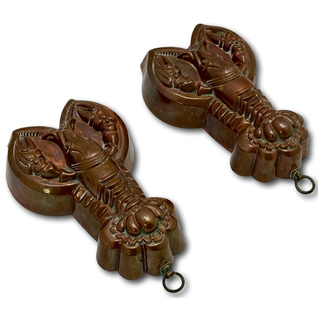 Rare Original Matching Pair of Early 1900s Antique Germany Hand Wrought Solid Copper Lobster Kitchen Molds For Sale - Image 9 of 18