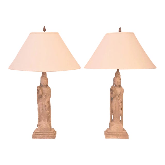 Goddess Asian Kwan Yin Buddhist Lamps Pair For Sale