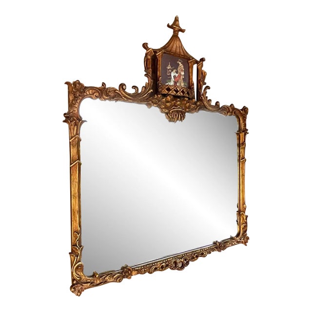 Vintage Regency Hand Carved Gilt Pagoda Mirror For Sale