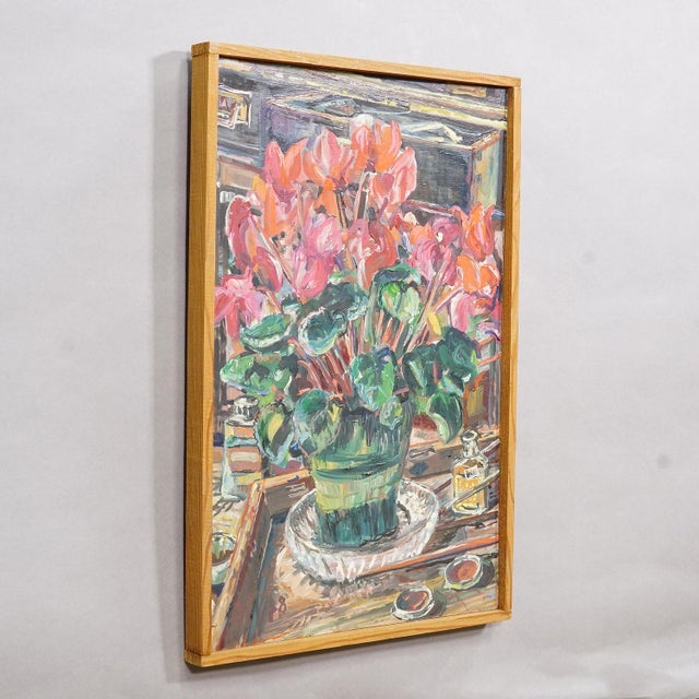 Alexander Michael Oil Painting of Cyclamen (Alpenveilchen), 1978 This expressive still life was painted in 1978 by German...