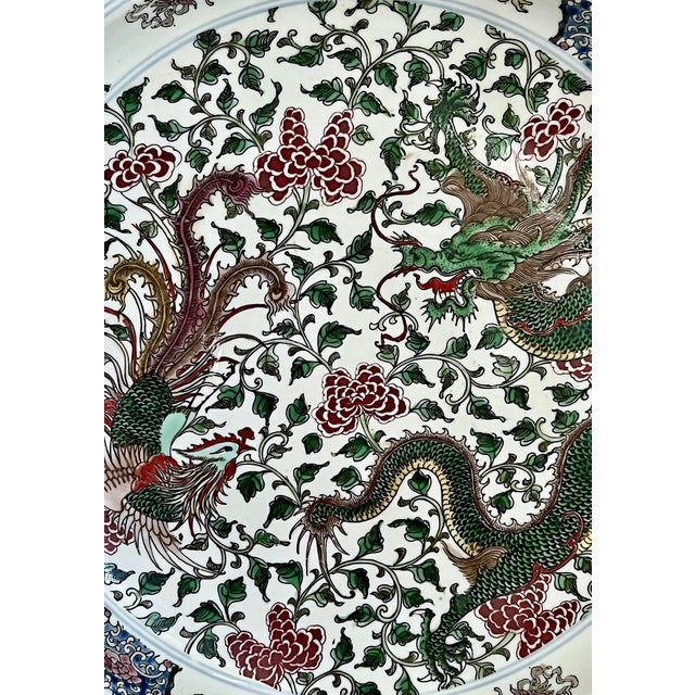 White The Green Dragon & Phoenix Charger, Large Chinese Porcelain Plate / Bowl 18" With Wood Display Stand For Sale - Image 8 of 11