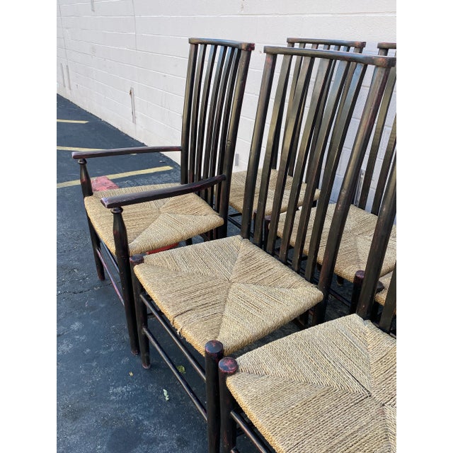 Wood Set of 8 Elegant Dining Chairs: Tall Back Dessin Fournir Slat Back Black Hand Rubbed Ebonized Wood With Rush Seats. Set of 8 For Sale - Image 7 of 12
