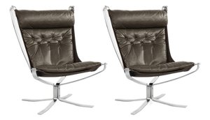 Vintage Highback Falcon Chairs in Brown Leather and Steel by Sigurd Ressell for Vatne Møbler, 1970s, Set of 2