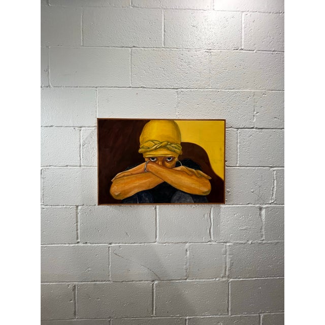 Yellow Contemporary Figurative Portrait, Expressive Female Headwrap Oil Painting For Sale - Image 8 of 10