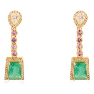 18k Gold Emerald & Pink Sapphire Dangle Earrings- A Pair For Sale