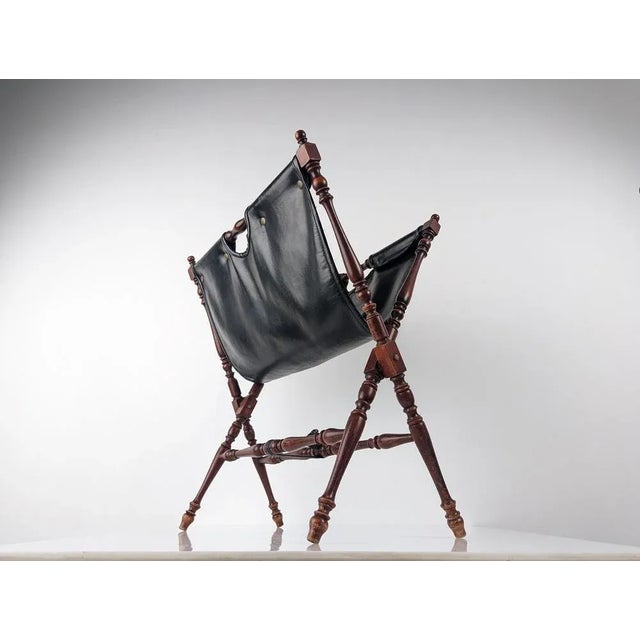 Wood Black Leather And Turned Wood Folding Magazine Rack, 1930s For Sale - Image 7 of 8