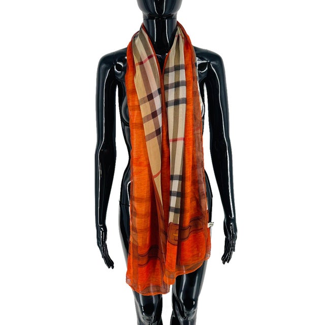 English Burberry Beige & Orange Plaid 100% Silk Scarf For Sale - Image 3 of 11