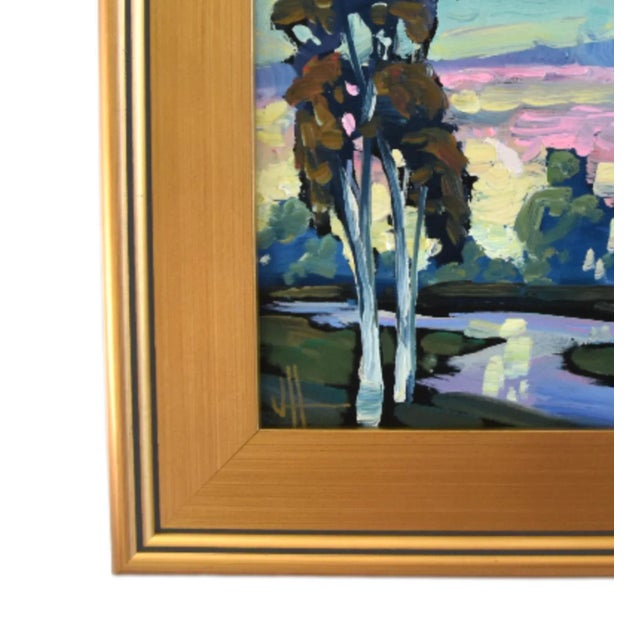 Original stream and landscape Impressionist oil painting on artist’s canvas panel by listed artist William Hawkins....