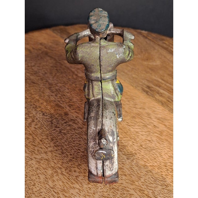 Antique 1930s Hubley Cast Iron "Patrol" Cop Police Motorcycle Toy | Green Paint & Integral Officer Rider 6.25" For Sale - Image 12 of 17