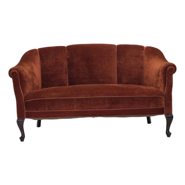 Danish 2-Seater Sofa in Velour and Oak, 1950s For Sale