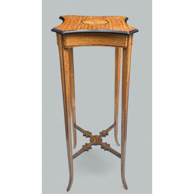 Traditional Antique Pair Sheraton Revival Edwardian Inlaid Satinwood Wine Tables Torcheres For Sale - Image 3 of 7