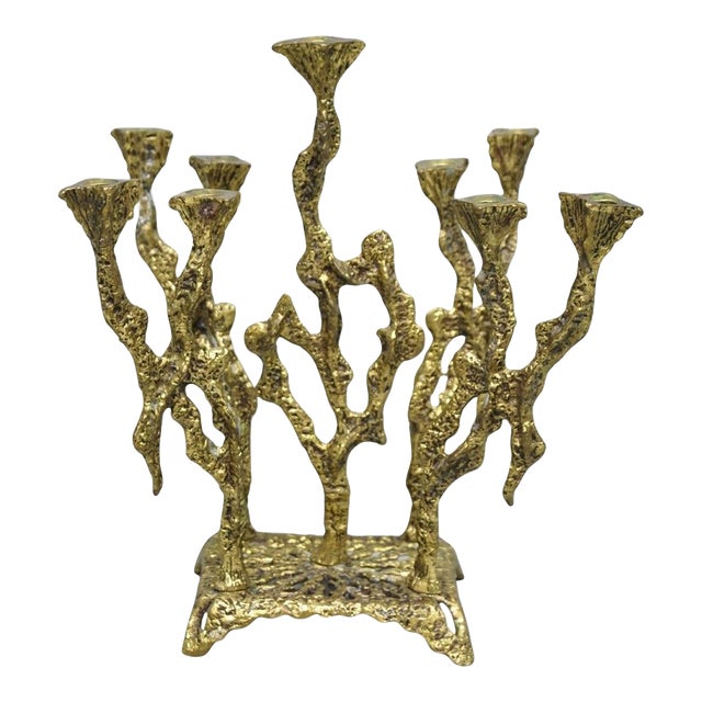 Vintage Mid Century Modern Brutalist Brass Judaica Candelabra by Wainberg For Sale