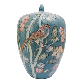 Late 20th Century Large Chinoiserie Blue Ginger Jar With Birds of Paradise & Peonies For Sale