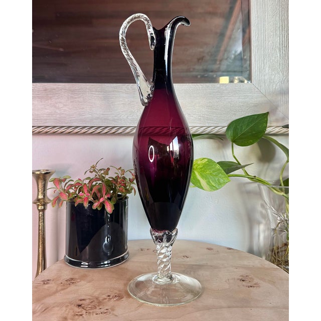Glass Vintage Hand Blown Italian Empoli Amethyst Art Glass Pitcher With Twisted Handle For Sale - Image 7 of 8