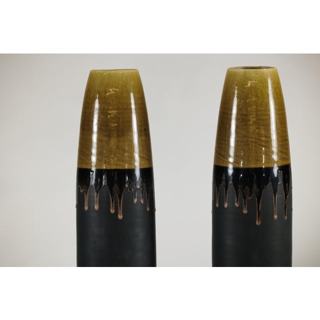 Late 20th Century Artisan Slim Ochre and Black Ceramic Vases with Drip-Glaze Tops - A Pair For Sale - Image 5 of 18