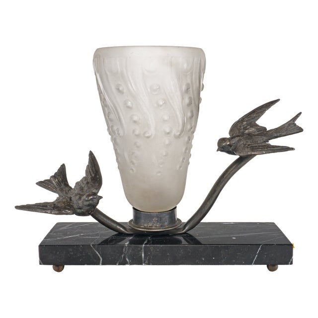 Vintage Art Deco French Table Lamp with Bronze Birds and Black Marble Base, 1930s For Sale