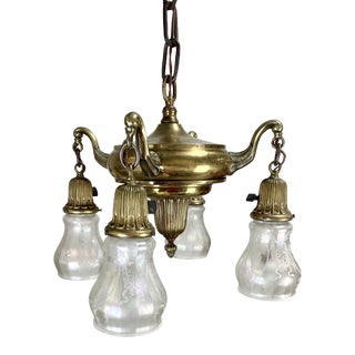 Antique 1920’s French Empire Style Brass 4-Arm / Light Glass Shade Chandelier For Sale