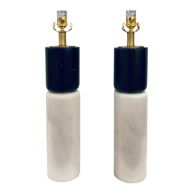 Mod Black and White Solid Marble Table Lamps Pair For Sale