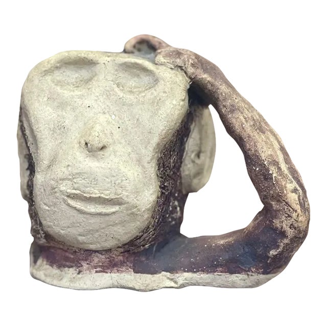 1970s Hand Made Vintage Ceramic Signed Monkey Sculpture Rendering Abstract Art Décor Brown, White For Sale
