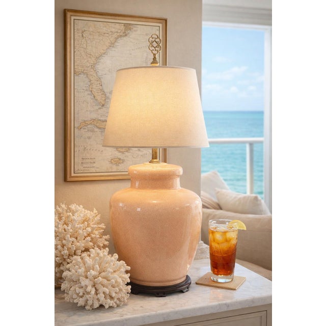 Chinoiserie Late 20th Century Large Coral Colored Crackle‑Glaze Ginger Jar Table Lamp With Wooden Ming Base for Palm Beach Regency or Coastal Decor. See Photos! For Sale - Image 3 of 10