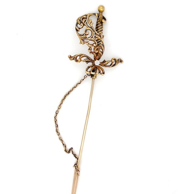 Victorian Antique 14k Victorian Sword Jabot Pin, Old European Cut Diamond For Sale - Image 3 of 8
