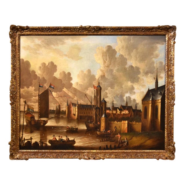 Peter Van Der Velde, Marina Landscape with Boats, 1700, Oil on Canvas For Sale