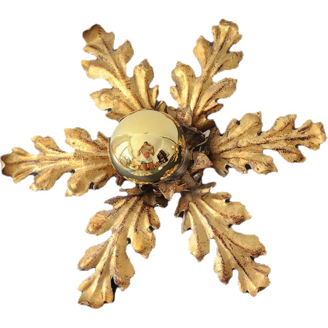 Gold Hollywood Regency Florentine Flower-Shaped Gilt Flush Mount with Hand-Forged, Floral, Gilded with Gold Leaf in the style of Hans Kögl, Italy, 1960s For Sale - Image 8 of 18