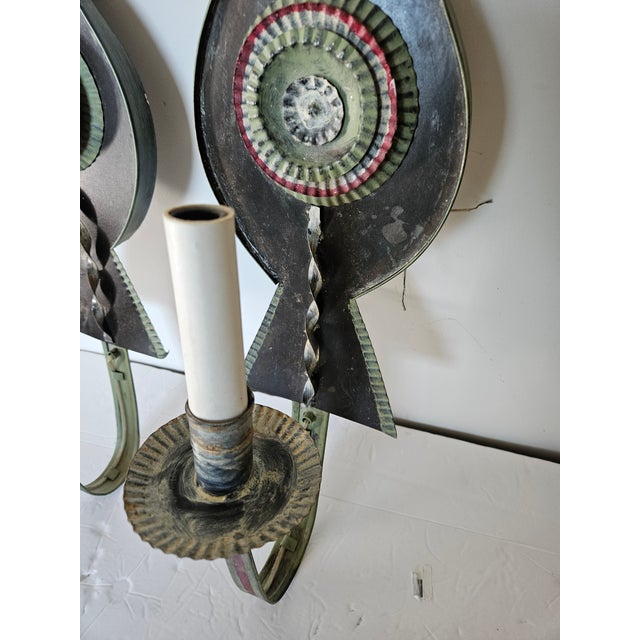 Handmade Polychrome Folky Tin Electrified Sconces - A Pair For Sale In Philadelphia - Image 6 of 9