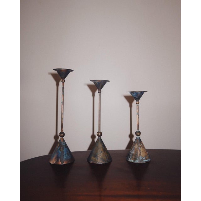 Postmodern Set of Three Bronze Candlesticks by Christian De Beaumont, France, 1980s For Sale - Image 3 of 8