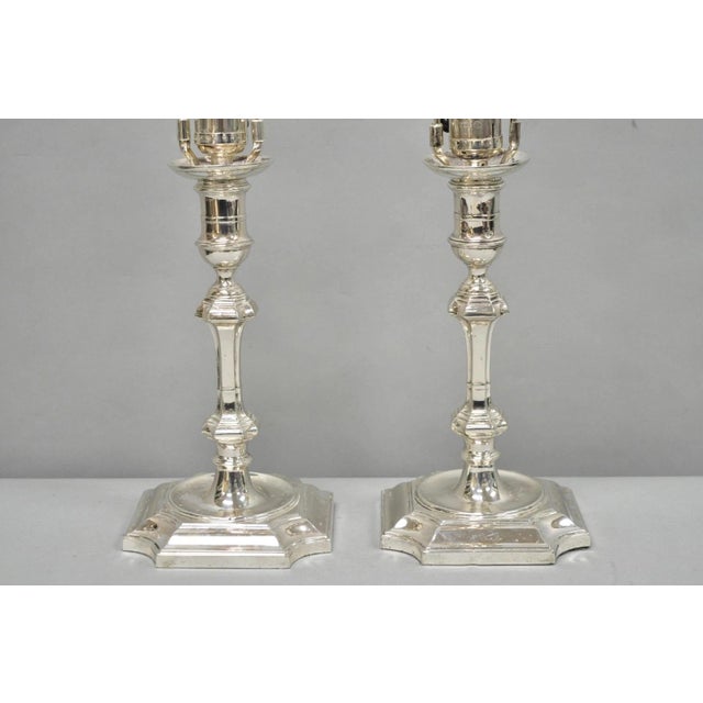 Traditional Antique English Regency Silver Plated Footed Candlestick Table Lamps - A Pair For Sale - Image 3 of 16
