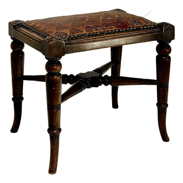 Antique English Hardwood Footstool, Aesthetic Movement Embossed Leather Circa 1880 For Sale