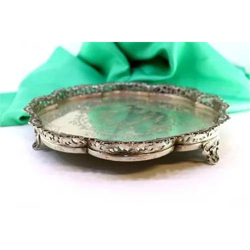 Silver Plated Salver with Scalloped and Guilloche Grid For Sale - Image 6 of 7