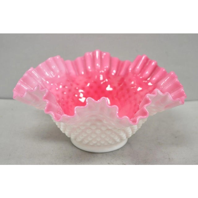 Vintage Pink & White Hobnail Cased Glass Candy Dish Ruffled Bowl Brides Basket For Sale - Image 12 of 12