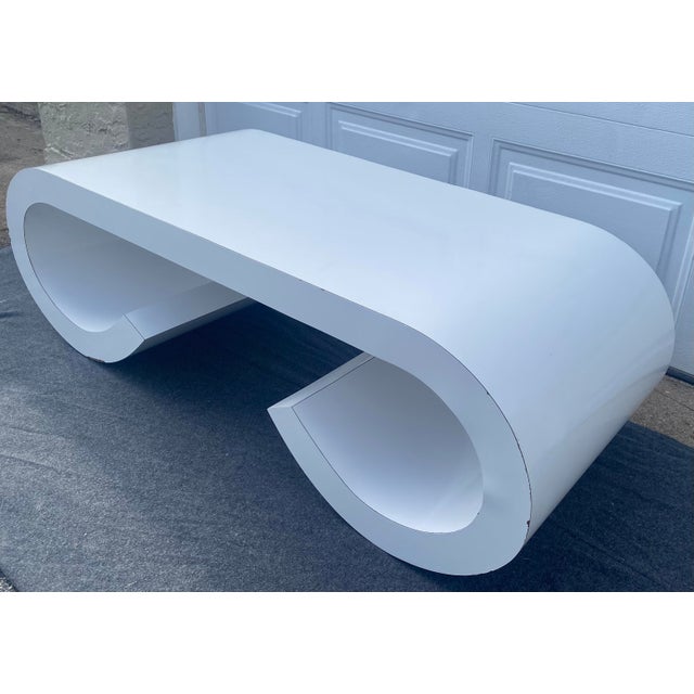 Karl Springer Postmodern 1970s White Laminate Waterfall Scroll Coffee Table After Karl Springer For Sale - Image 4 of 9