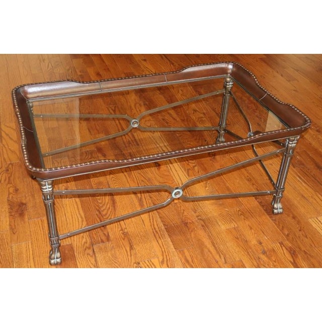 Animal Skin Maitland Smith Regency Style Leather Wrapped Glass Top Cocktail Coffee Table For Sale - Image 7 of 12