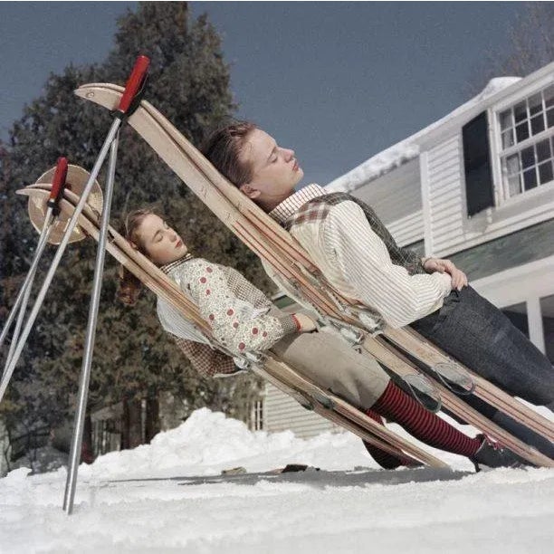 New England Skiing 1955 Two women recline on improvised sunbeds in Cranmore Mountain, New Hampshire, circa 1955. (Photo by...