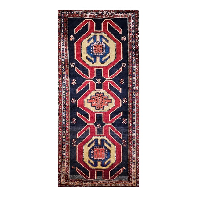 Vintage Persian Runner, Hand-Knotted Wool Pile, Geometric Medallions, 1960s For Sale