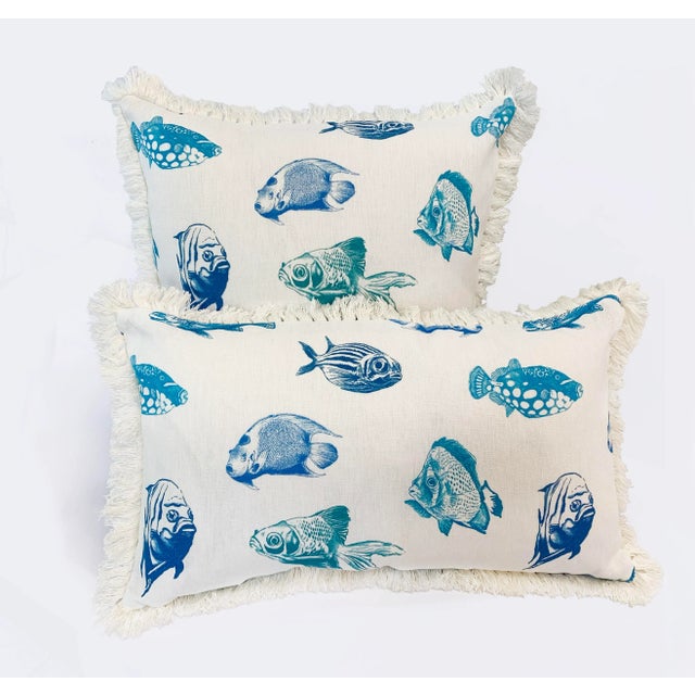 2020s Artisan “Fish” Turquoise Blue Hand Printed on Linen Pillow Cover, 20". - For Sale - Image 5 of 13