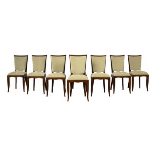 Set of 8 French Art Deco Walnut Dining Chairs in Sprout Green, 1930s For Sale
