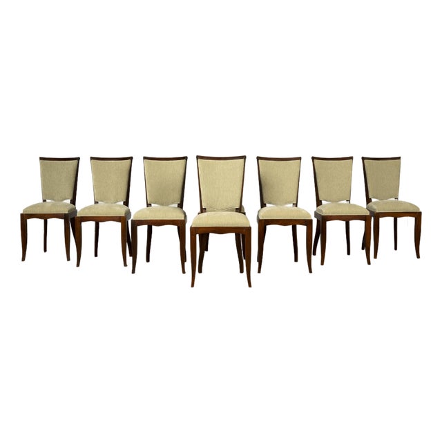 Set of 8 French Art Deco Walnut Dining Chairs in Sprout Green, 1930s For Sale