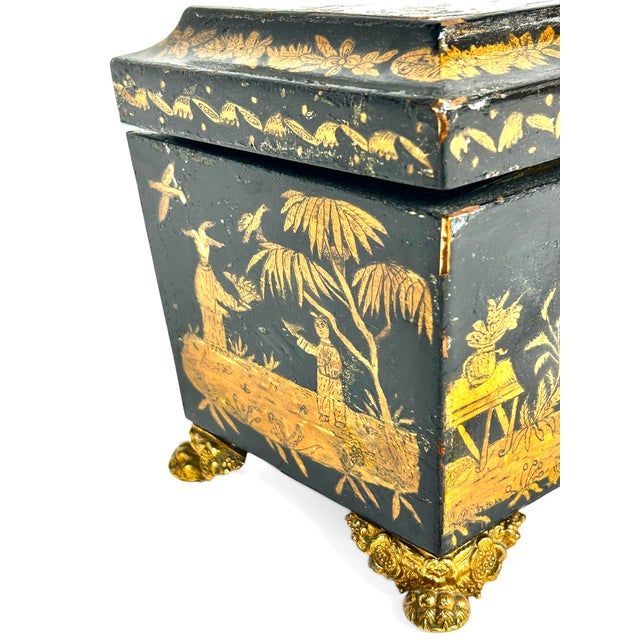 Chinoiserie 19th Century England Regency Chinoiserie Black Lacquer Tea Caddy For Sale - Image 3 of 12