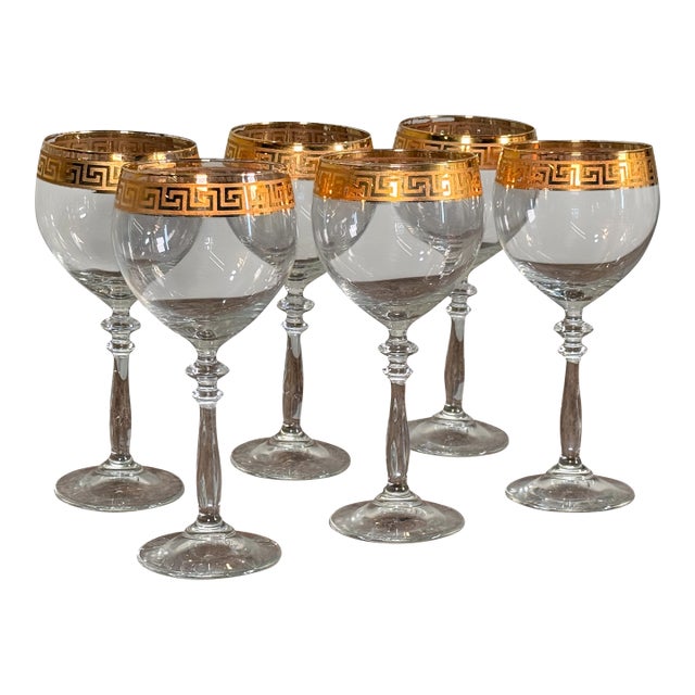 Vintage Gold Greek Key Rimmed Crystal Wine Goblets - Set of 6 For Sale