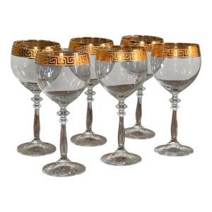 Vintage Gold Greek Key Rimmed Crystal Wine Goblets - Set of 6