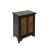 This is an oriental-style end table nightstand painted with a distressed dark brown-black surface. A simple metal door...