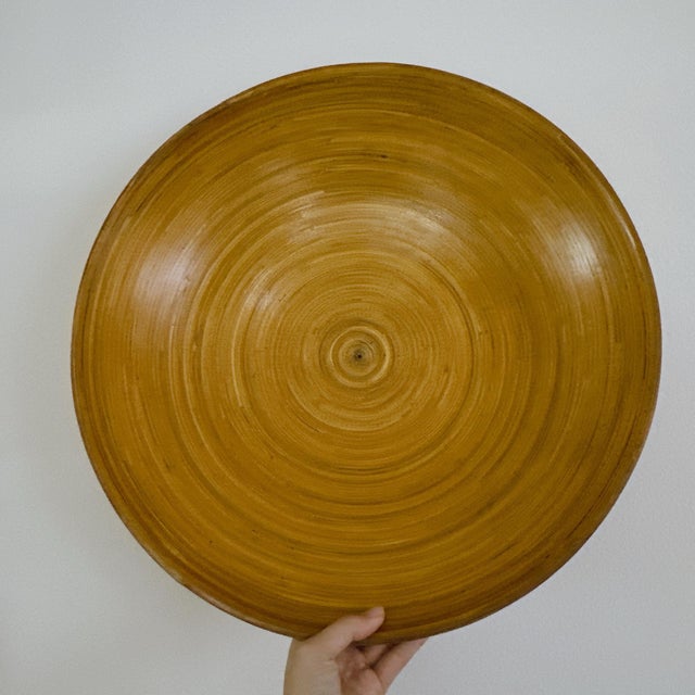 Mid-Century Modern Vintage Extra Large Bamboo Serving Bowl | Hand Turned Wooden Salad Bowl | Mid Century Modern Natural Wood Centerpiece | Boho Farmhouse Decor For Sale - Image 3 of 9