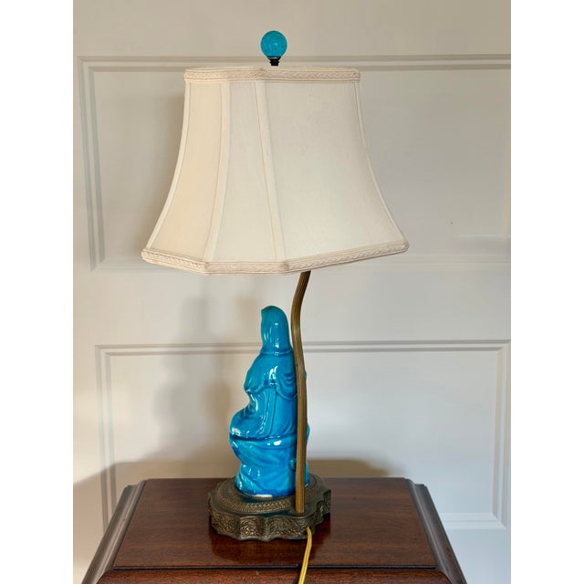 Metal 1970s Chinese Ceramic Glazed Turquoise Seated Figure Table Lamp For Sale - Image 7 of 12