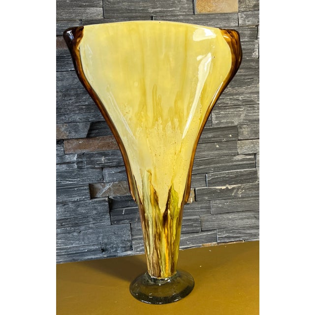 Glass 20 Inch Tall Yellow Amber Art Glass Pedestal Vase With Slender Narrow Profile For Sale - Image 7 of 12